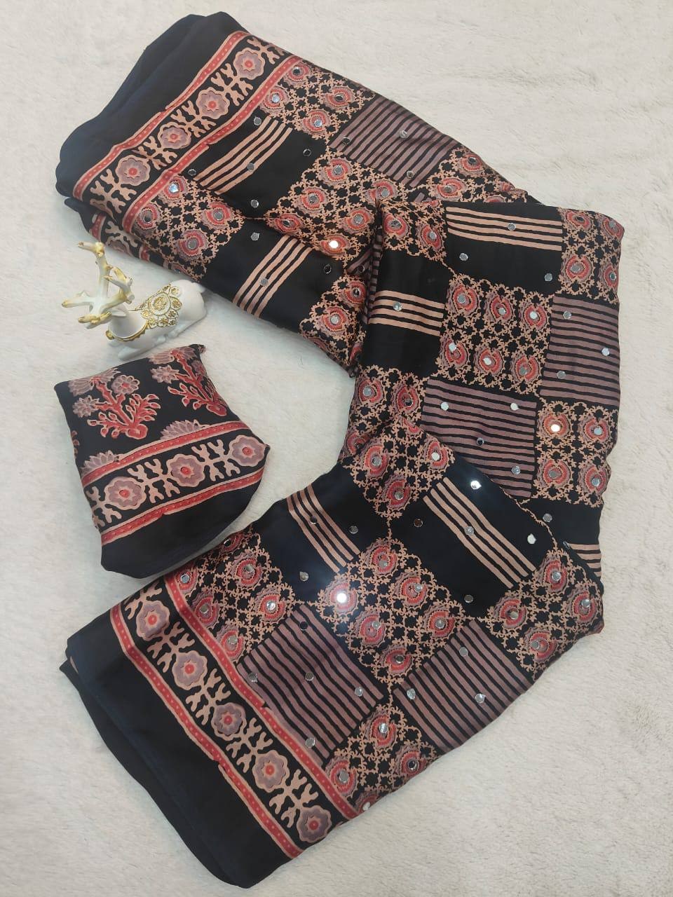 Peachmode Black Semi Gajji Ajrakh Mirror Work Silk Saree - Image 2