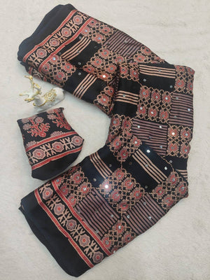 Peachmode Black Semi Gajji Ajrakh Mirror Work Silk Saree - Image 2