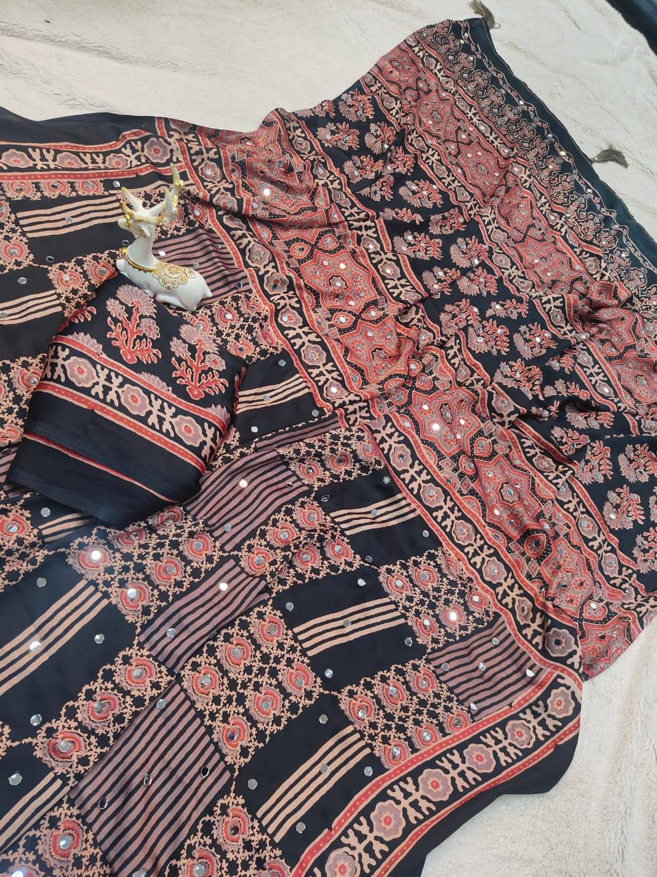 Peachmode Black Semi Gajji Ajrakh Mirror Work Silk Saree - Image 3