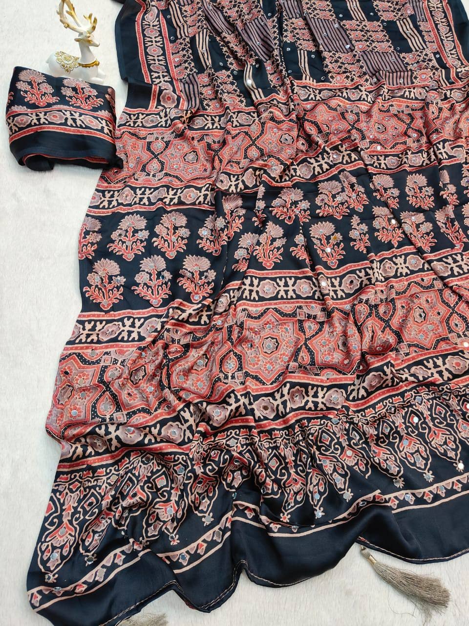 Peachmode Black Semi Gajji Ajrakh Mirror Work Silk Saree - Image 4