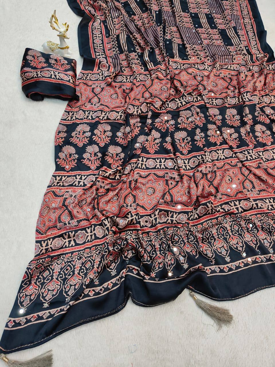 Peachmode Black Semi Gajji Ajrakh Mirror Work Silk Saree - Image 5