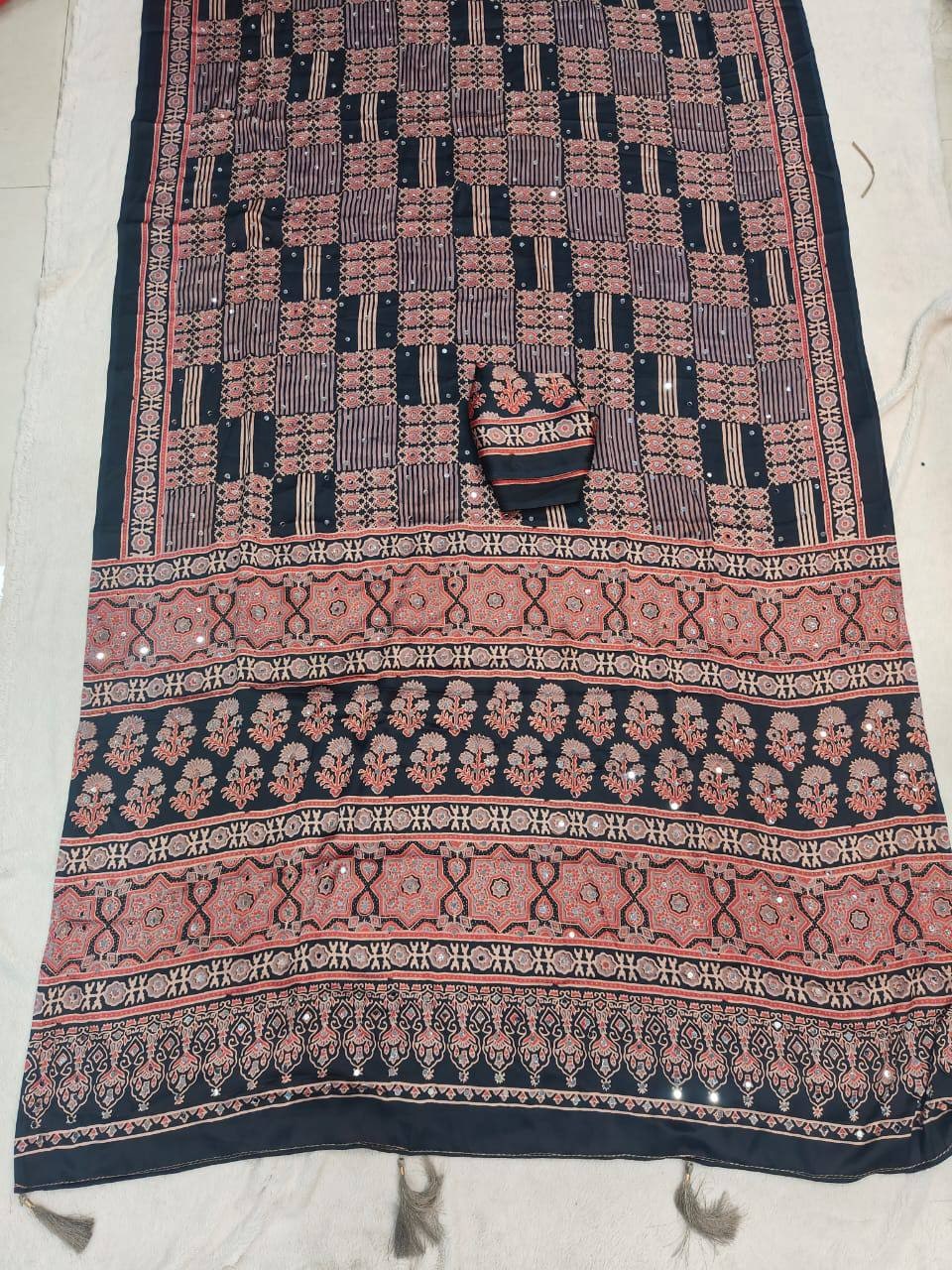 Peachmode Black Semi Gajji Ajrakh Mirror Work Silk Saree - Image 6