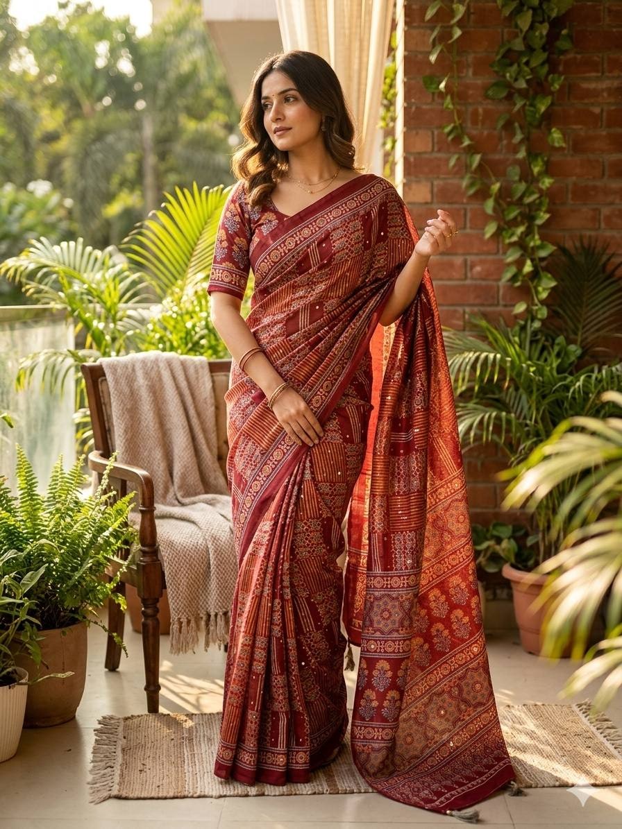 Peachmode Red Semi Gajji Ajrakh Mirror Work Silk Saree - Image 1