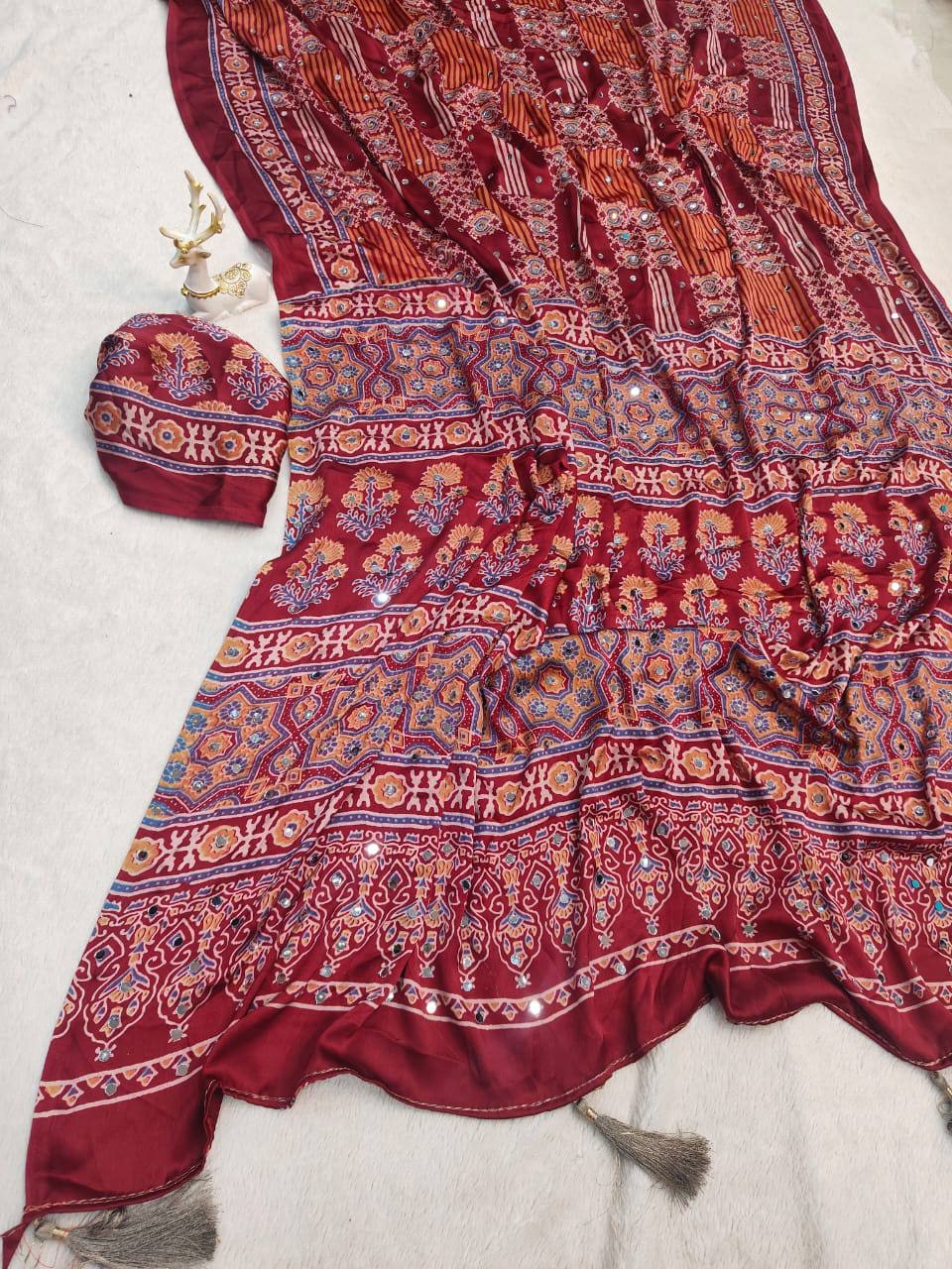 Peachmode Red Semi Gajji Ajrakh Mirror Work Silk Saree - Image 6