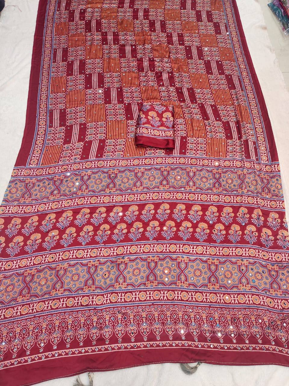 Peachmode Red Semi Gajji Ajrakh Mirror Work Silk Saree - Image 7