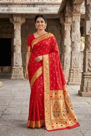 Peachmode Red Paithani Silk Zari Meenakari Saree - Image 1