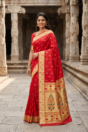 Peachmode Red Paithani Silk Zari Meenakari Saree - Image 2