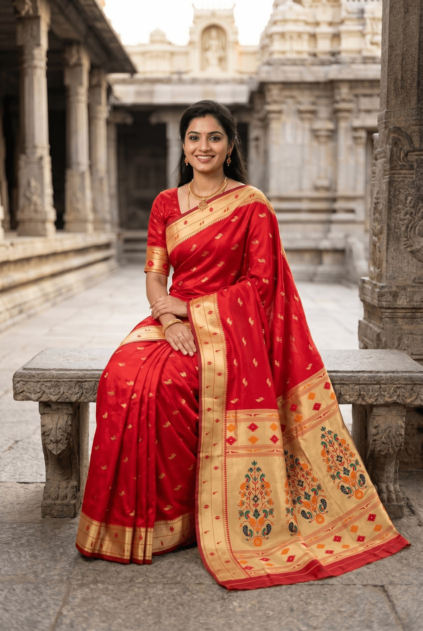 Peachmode Red Paithani Silk Zari Meenakari Saree - Image 3