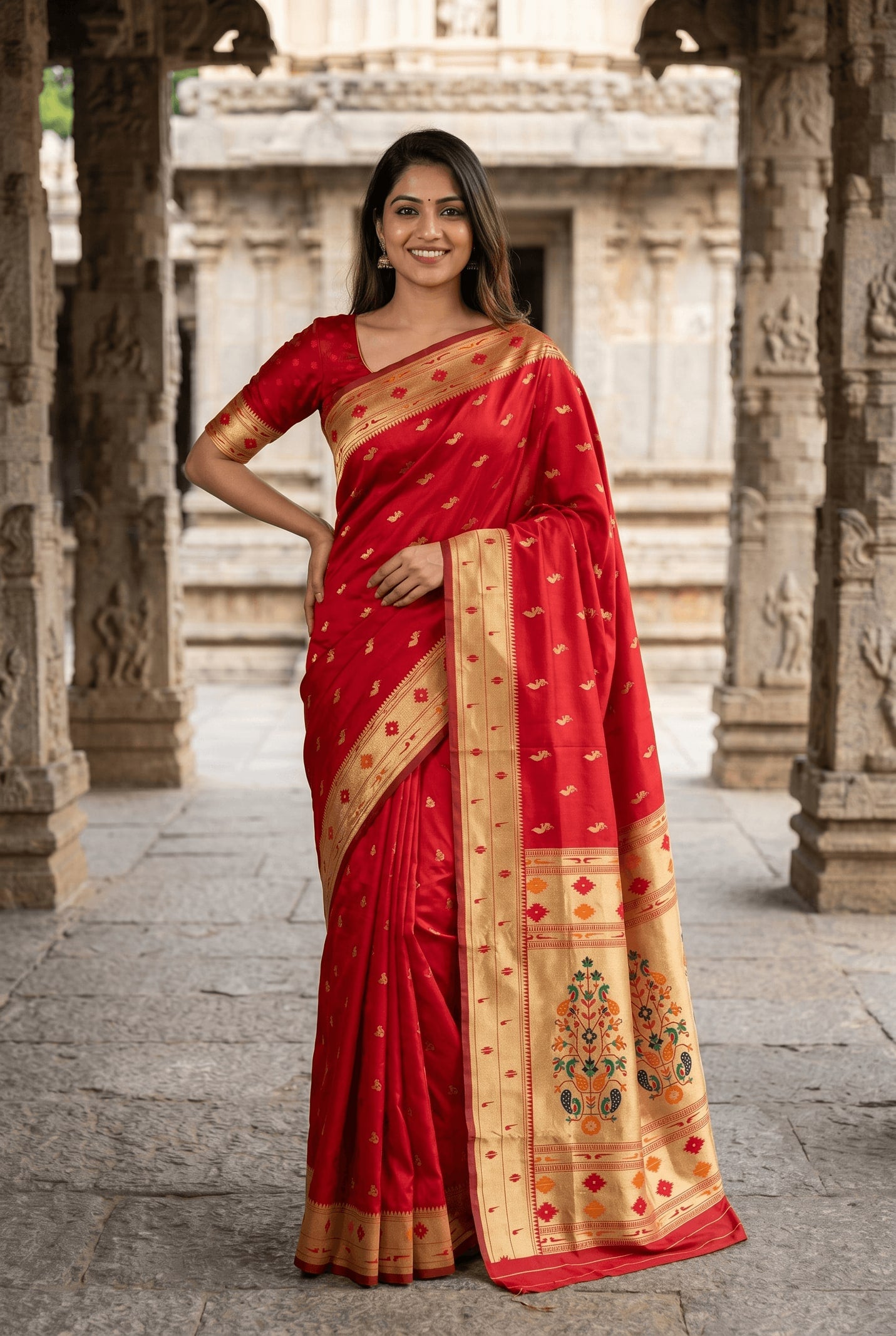 Peachmode Red Paithani Silk Zari Meenakari Saree - Image 4