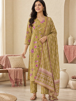 Mustard Pure Cotton Floral Printed Salwar Suit Set - Image 1