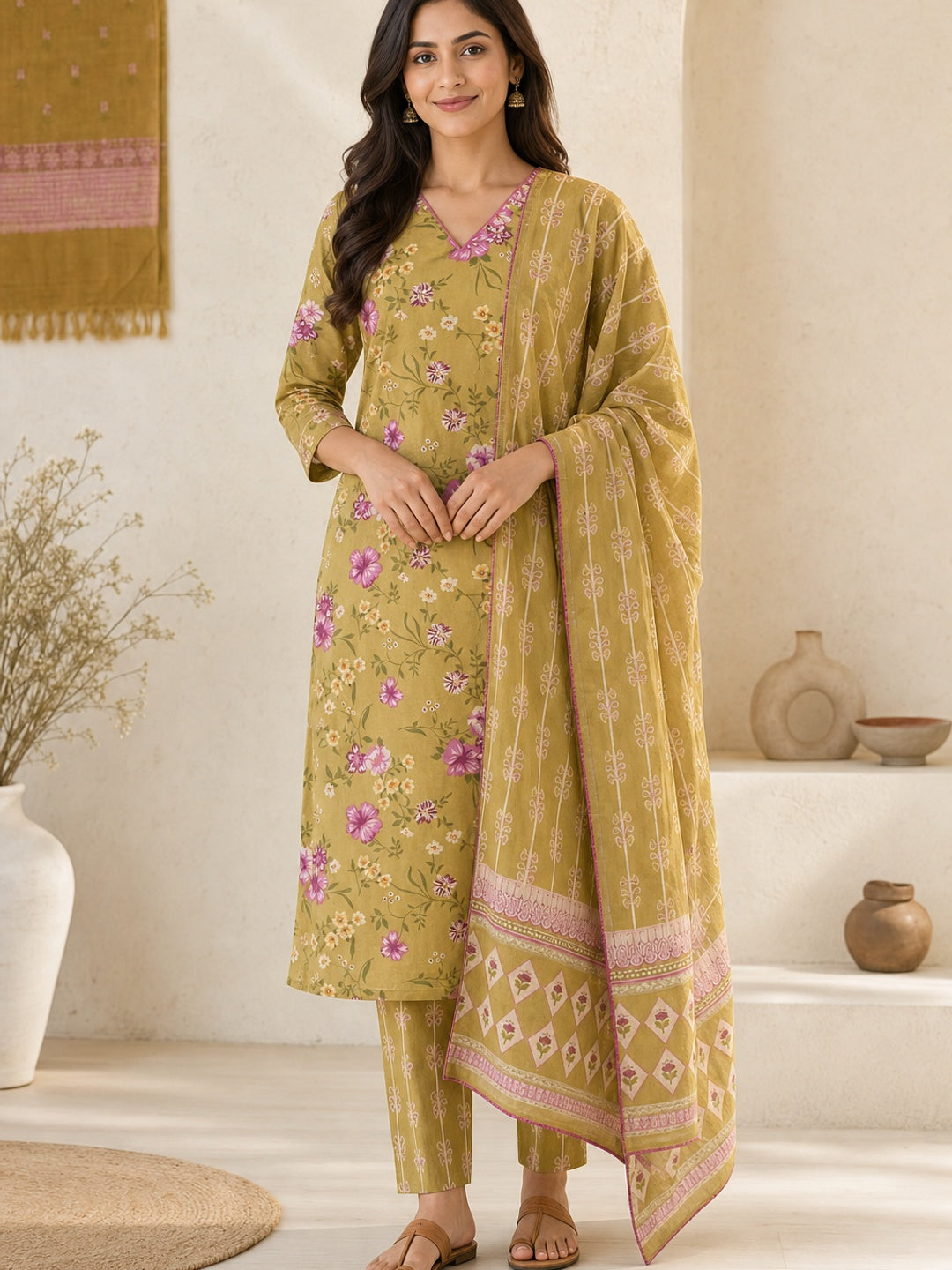 Mustard Pure Cotton Floral Printed Salwar Suit Set - Image 2