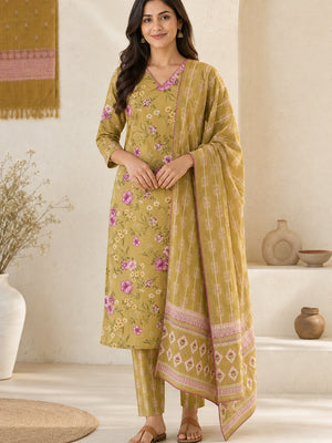 Mustard Pure Cotton Floral Printed Salwar Suit Set - Image 2