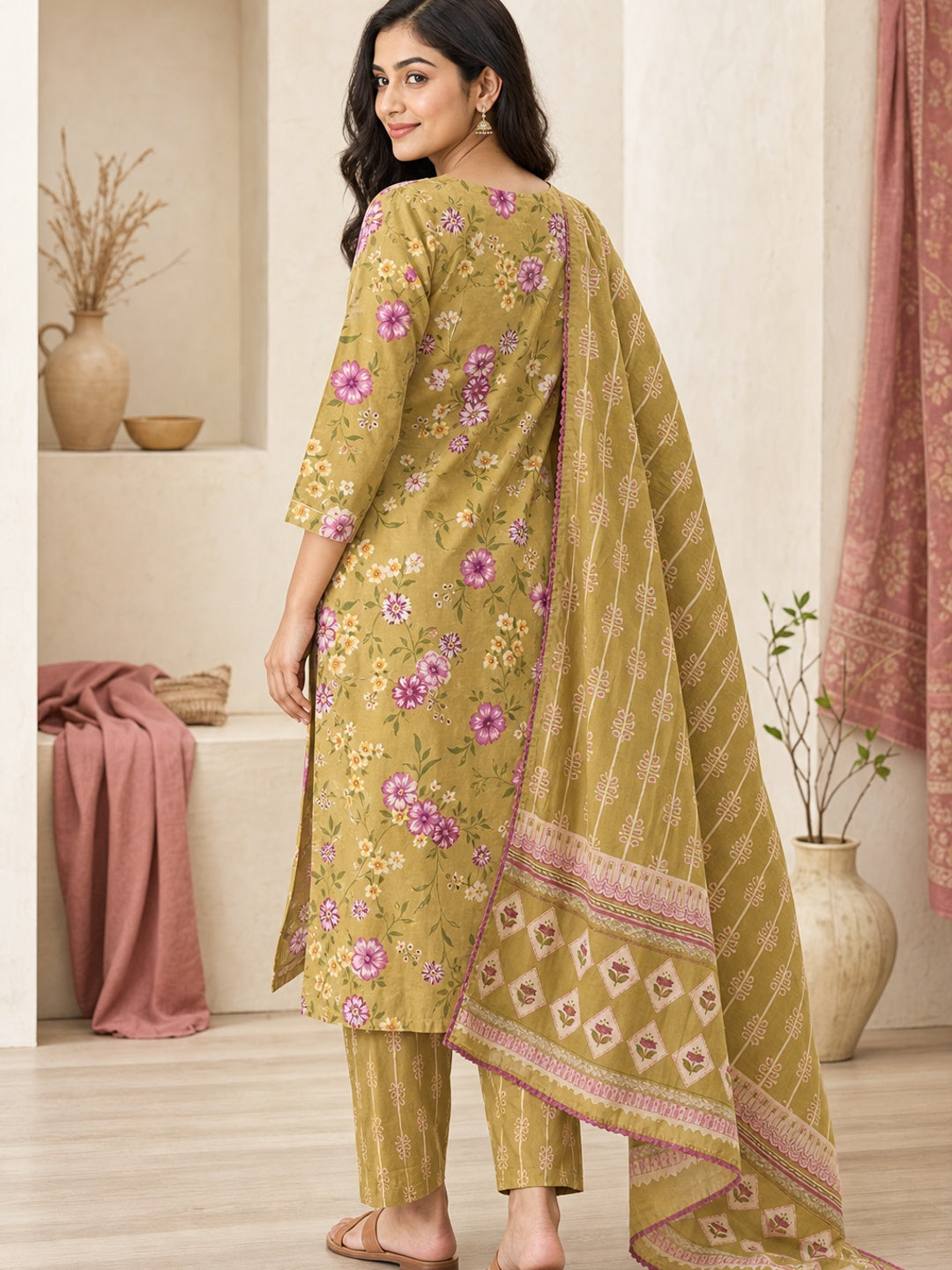 Mustard Pure Cotton Floral Printed Salwar Suit Set - Image 4