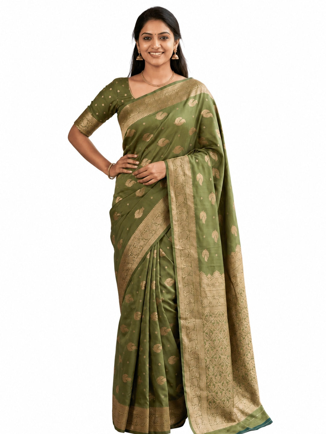 Peachmode Olive Banarasi Silk Zari Weaving Saree - Image 5