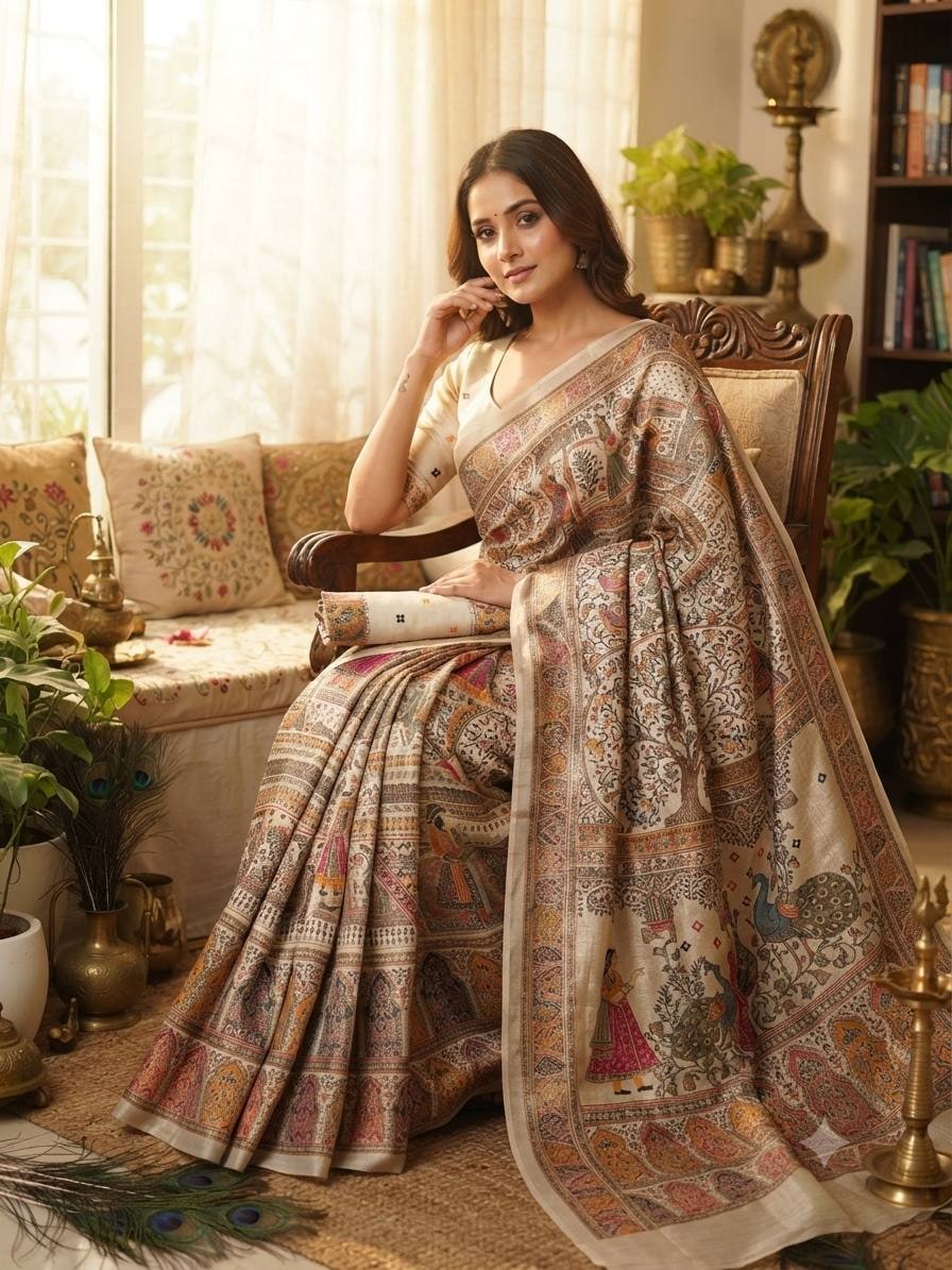 Peachmode Beige Rajwadi Pashmina Silk Weaving Saree - Image 1