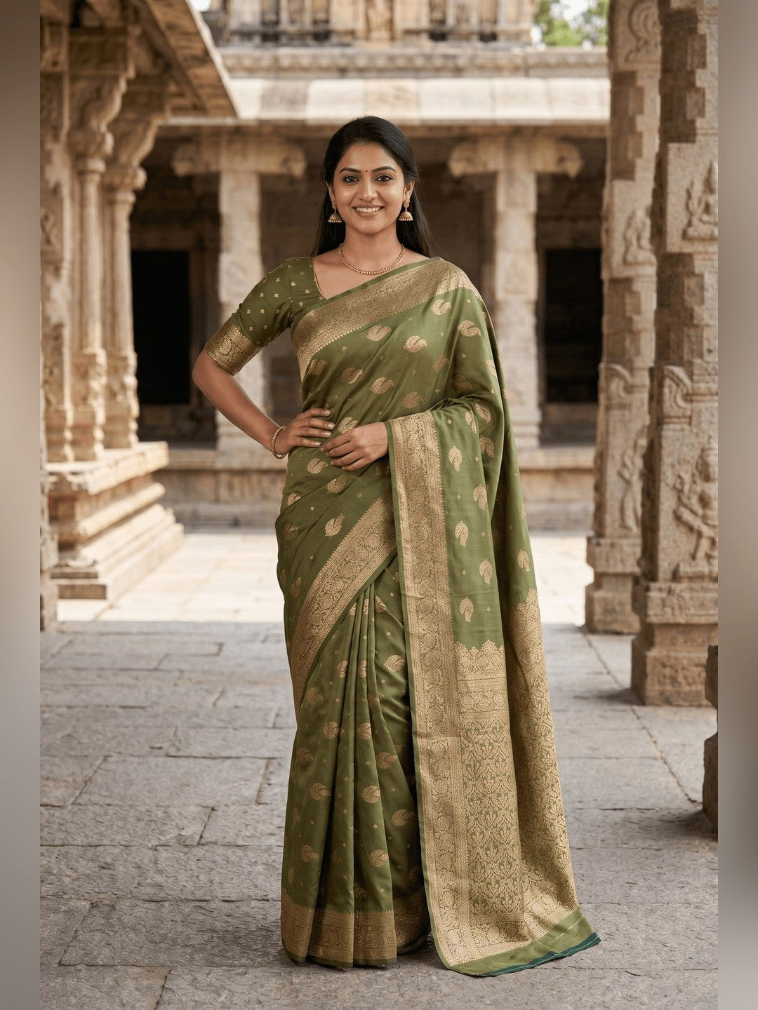 Peachmode Olive Banarasi Silk Zari Weaving Saree - Image 1