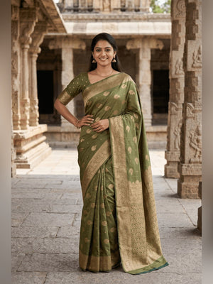 Peachmode Olive Banarasi Silk Zari Weaving Saree - Image 1