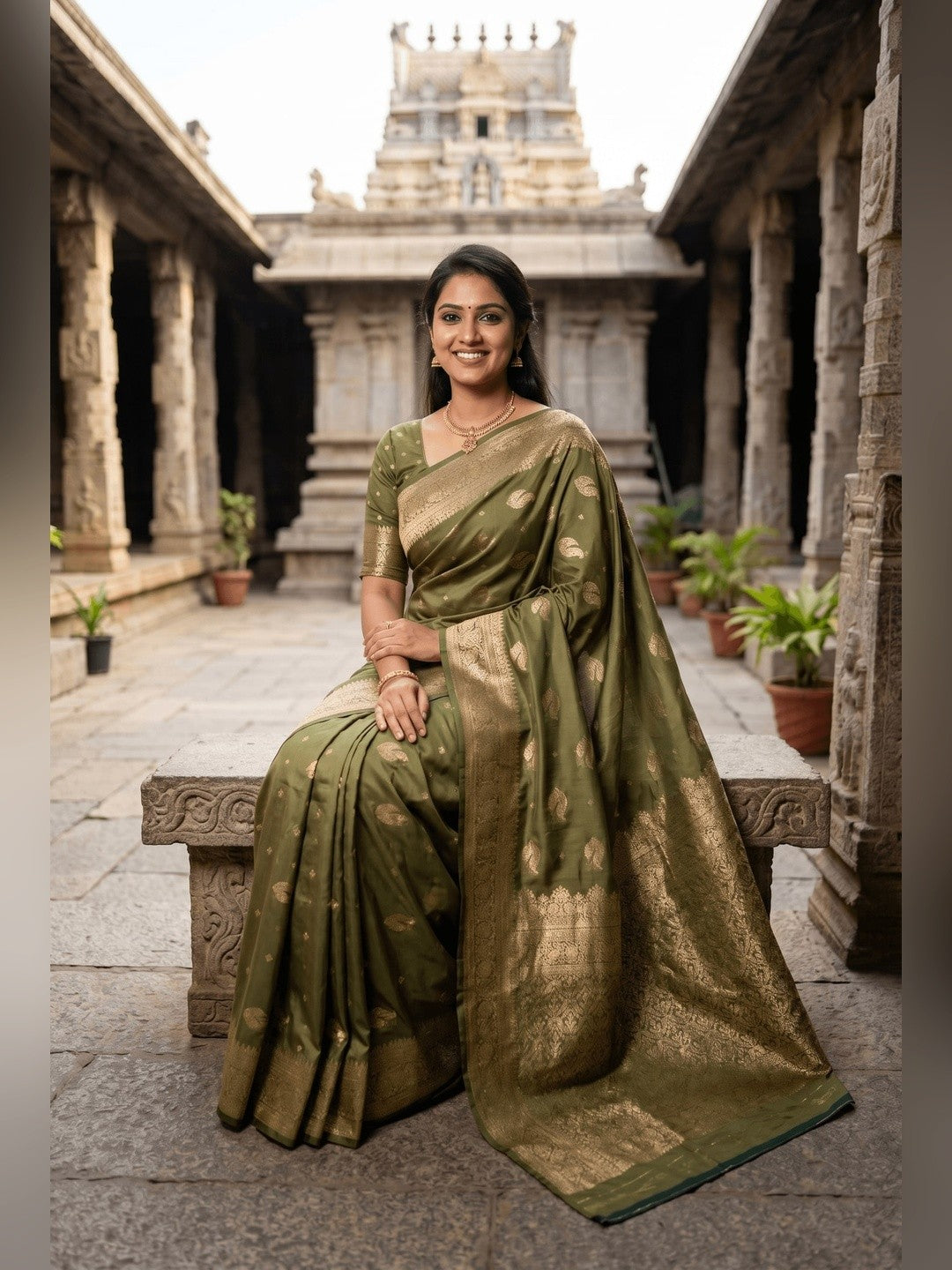 Peachmode Olive Banarasi Silk Zari Weaving Saree - Image 2