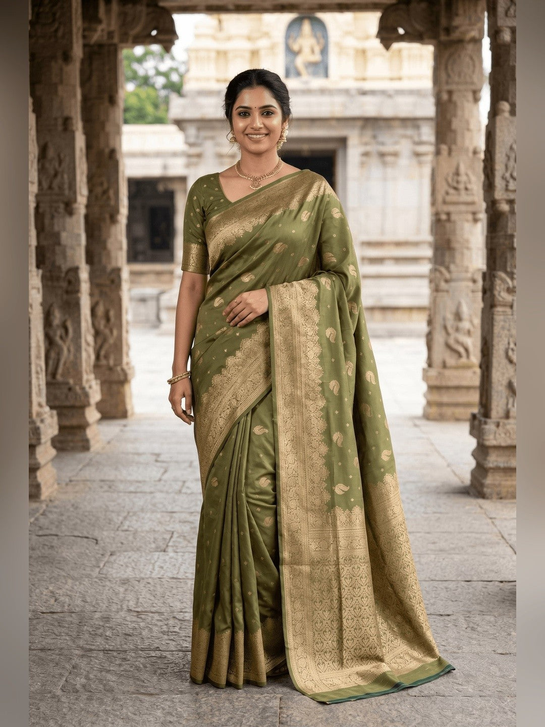 Peachmode Olive Banarasi Silk Zari Weaving Saree - Image 3