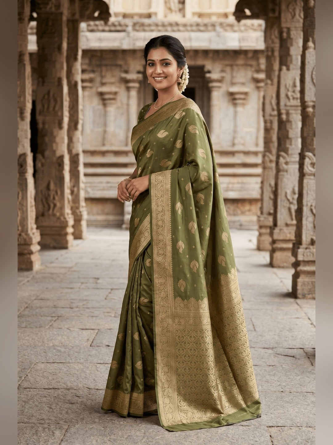 Peachmode Olive Banarasi Silk Zari Weaving Saree - Image 4