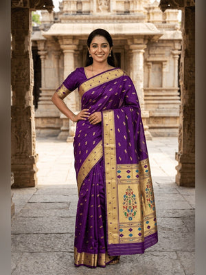Peachmode Purple Paithani Silk Zari Meenakari Saree - Image 1