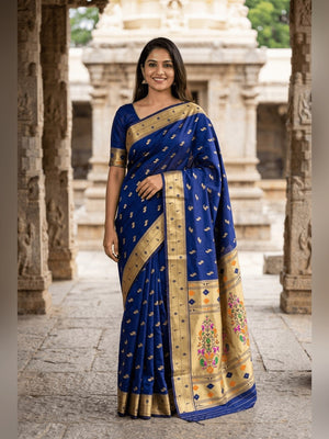 Peachmode Blue Paithani Silk Zari Meenakari Saree - Image 1