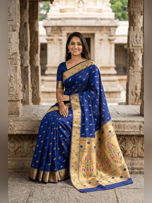 Peachmode Blue Paithani Silk Zari Meenakari Saree - Image 2