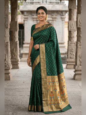 Peachmode Green Paithani Silk Zari Meenakari Saree - Image 1