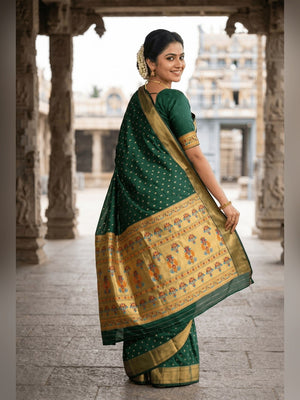 Peachmode Green Paithani Silk Zari Meenakari Saree - Image 2