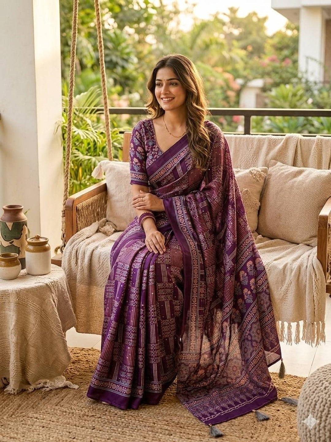 Peachmode Purple Semi Gajji Ajrakh Mirror Work Silk Saree - Image 1