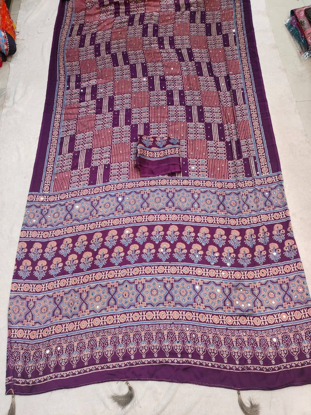 Peachmode Purple Semi Gajji Ajrakh Mirror Work Silk Saree - Image 6