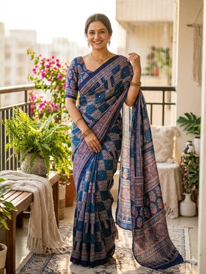 Peachmode Blue Semi Gajji Ajrakh Mirror Work Silk Saree - Image 1