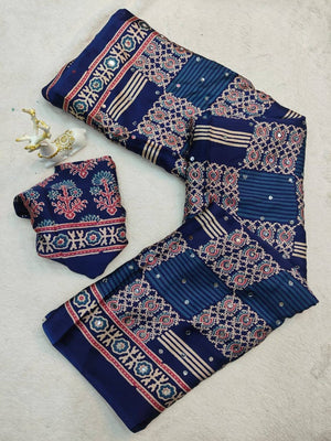 Peachmode Blue Semi Gajji Ajrakh Mirror Work Silk Saree - Image 2