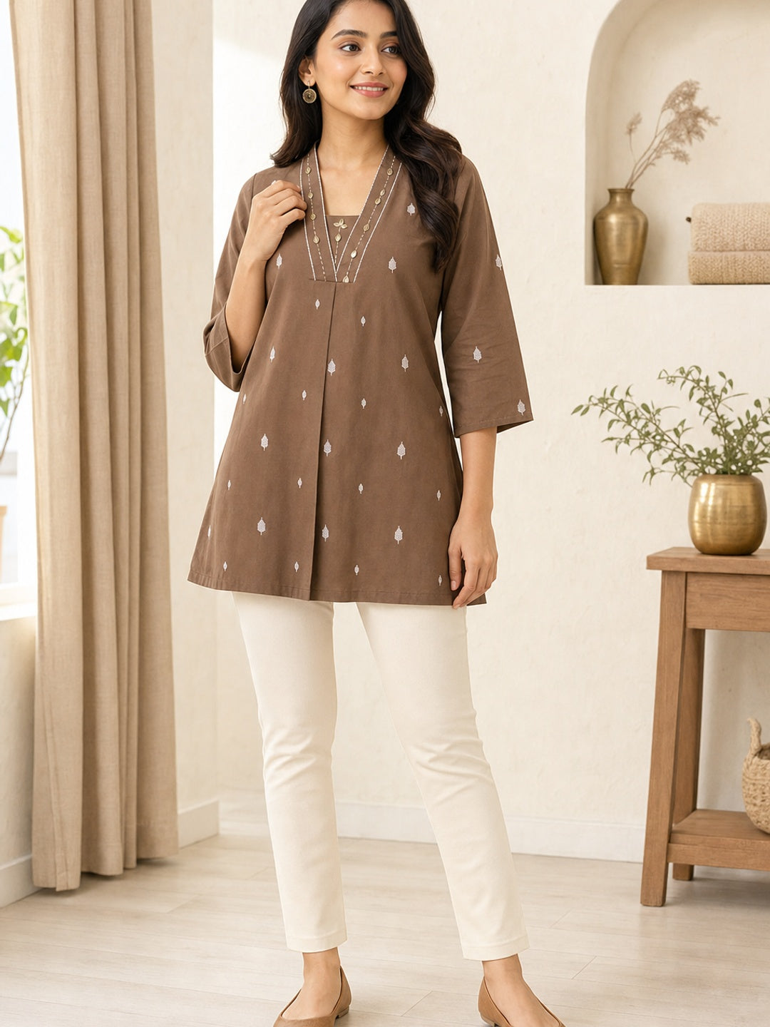 Brown Rayon Embroidered Short Top - Image 1