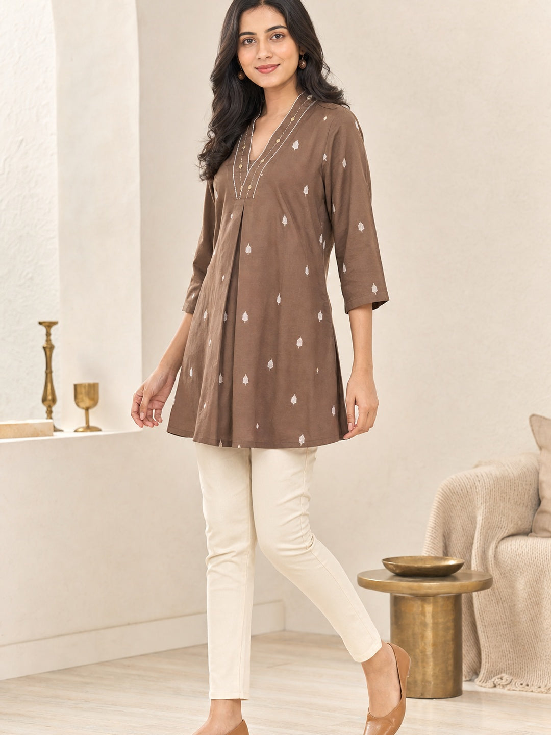 Brown Rayon Embroidered Short Top - Image 3