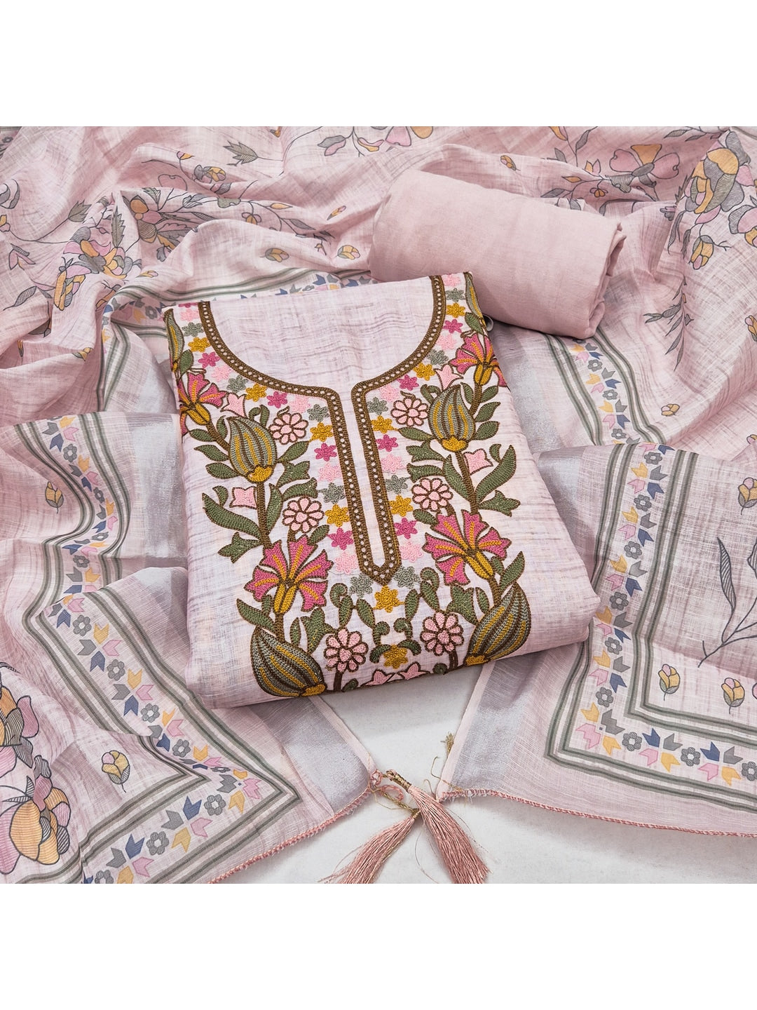Peachmode Pink Linen Dress Material with Floral - Image 3