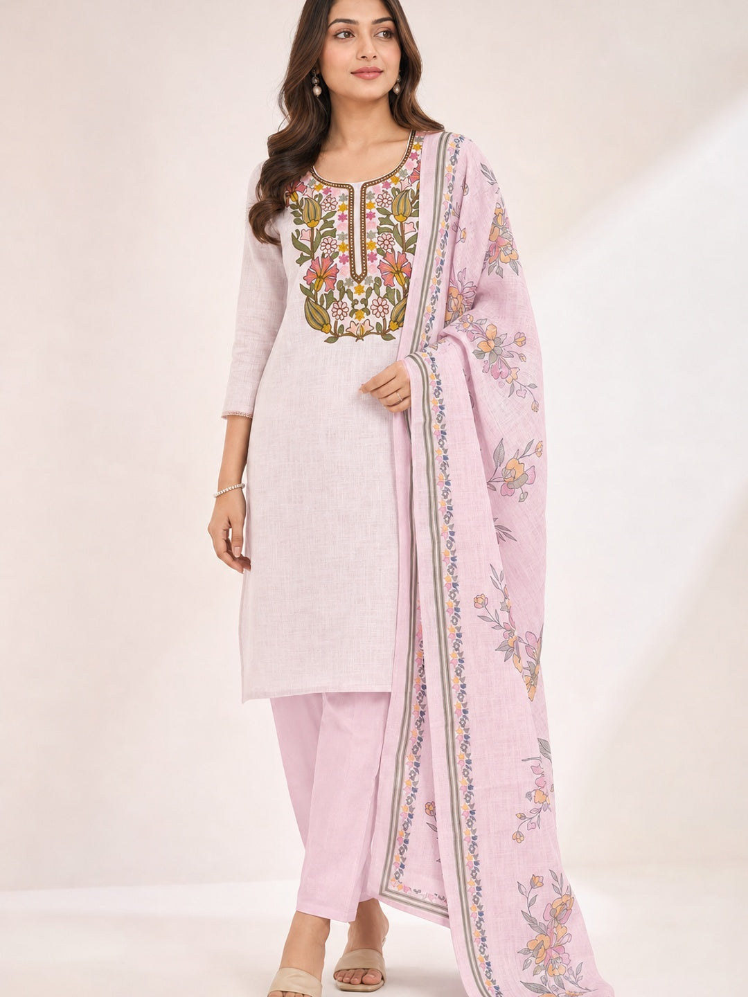 Peachmode Pink Linen Dress Material with Floral - Image 1