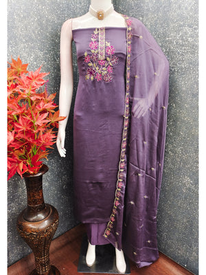 Elegant Purple Satin Dress Material with Floral Thread Work Embroidery - Image 2