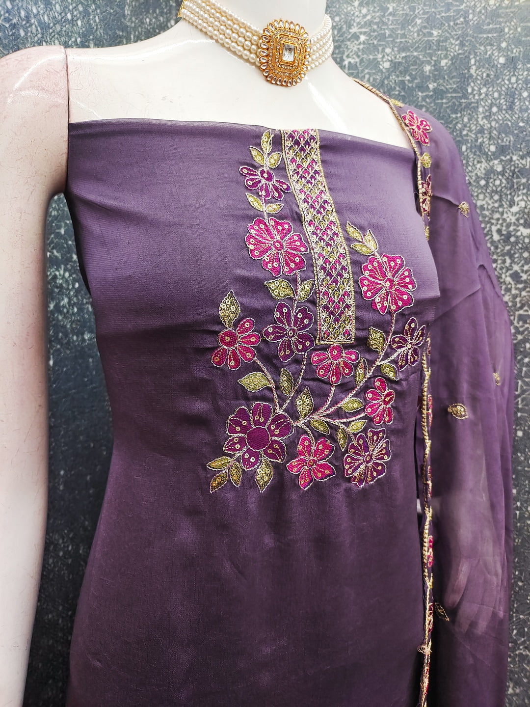 Peachmode Purple Satin Dress Material with Floral Embroidery - Image 3