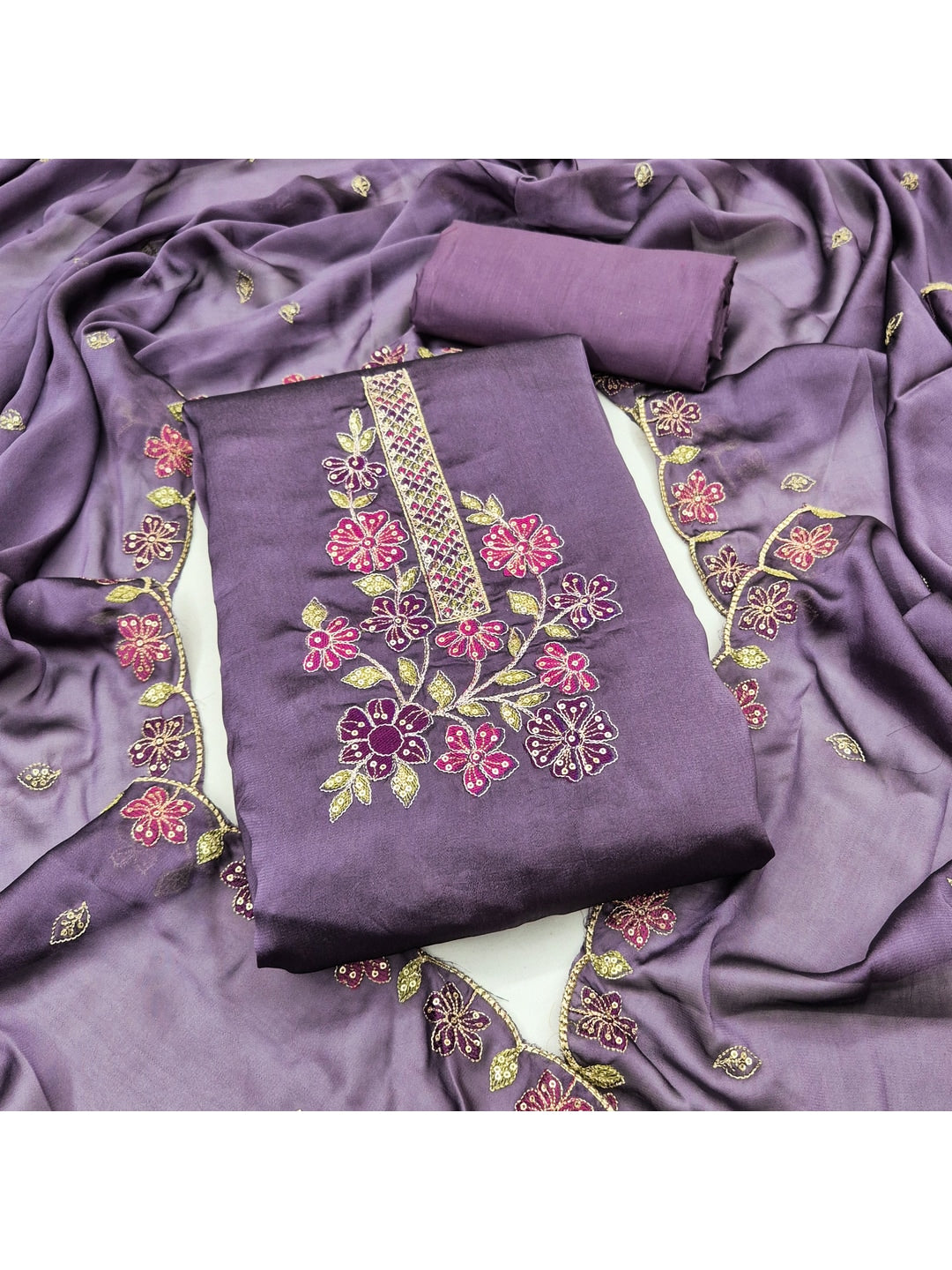 Peachmode Purple Satin Dress Material with Floral Embroidery - Image 4
