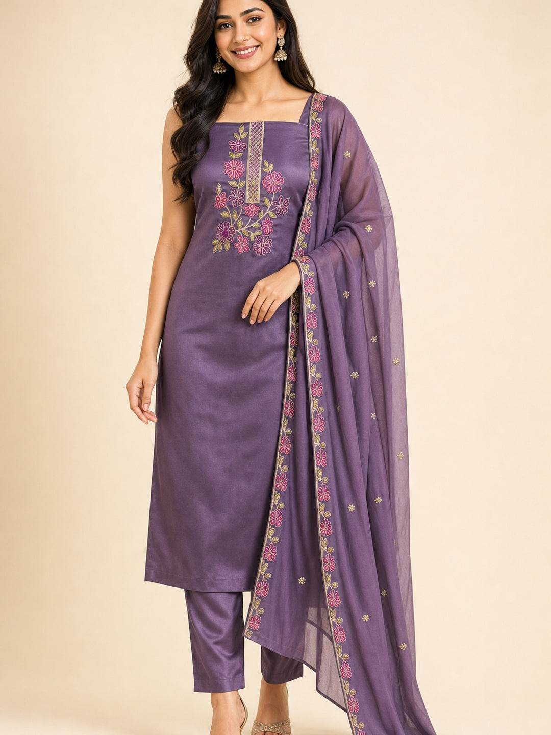 Elegant Purple Satin Dress Material with Floral Thread Work Embroidery - Image 1