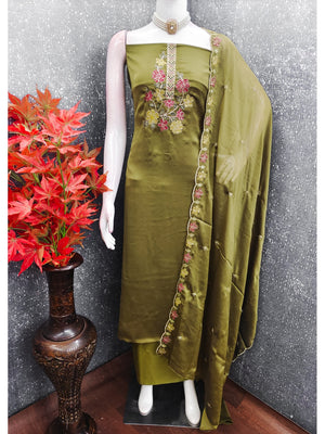 Peachmode Olive Satin Dress Material with Floral Embroidery - Image 2