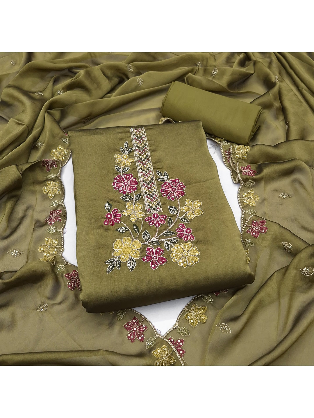 Peachmode Olive Satin Dress Material with Floral Embroidery - Image 1