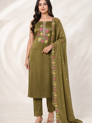 Peachmode Olive Satin Dress Material with Floral Embroidery - Image 1