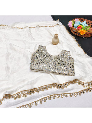 Peachmode Off White Fandy Satin Saree with Mirror Work Blouse - Image 2