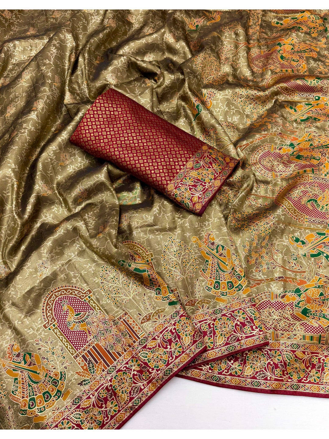 Peachmode Olive Kanjivaram Silk Woven Saree - Image 2