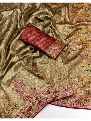 Peachmode Olive Kanjivaram Silk Woven Saree - Image 2