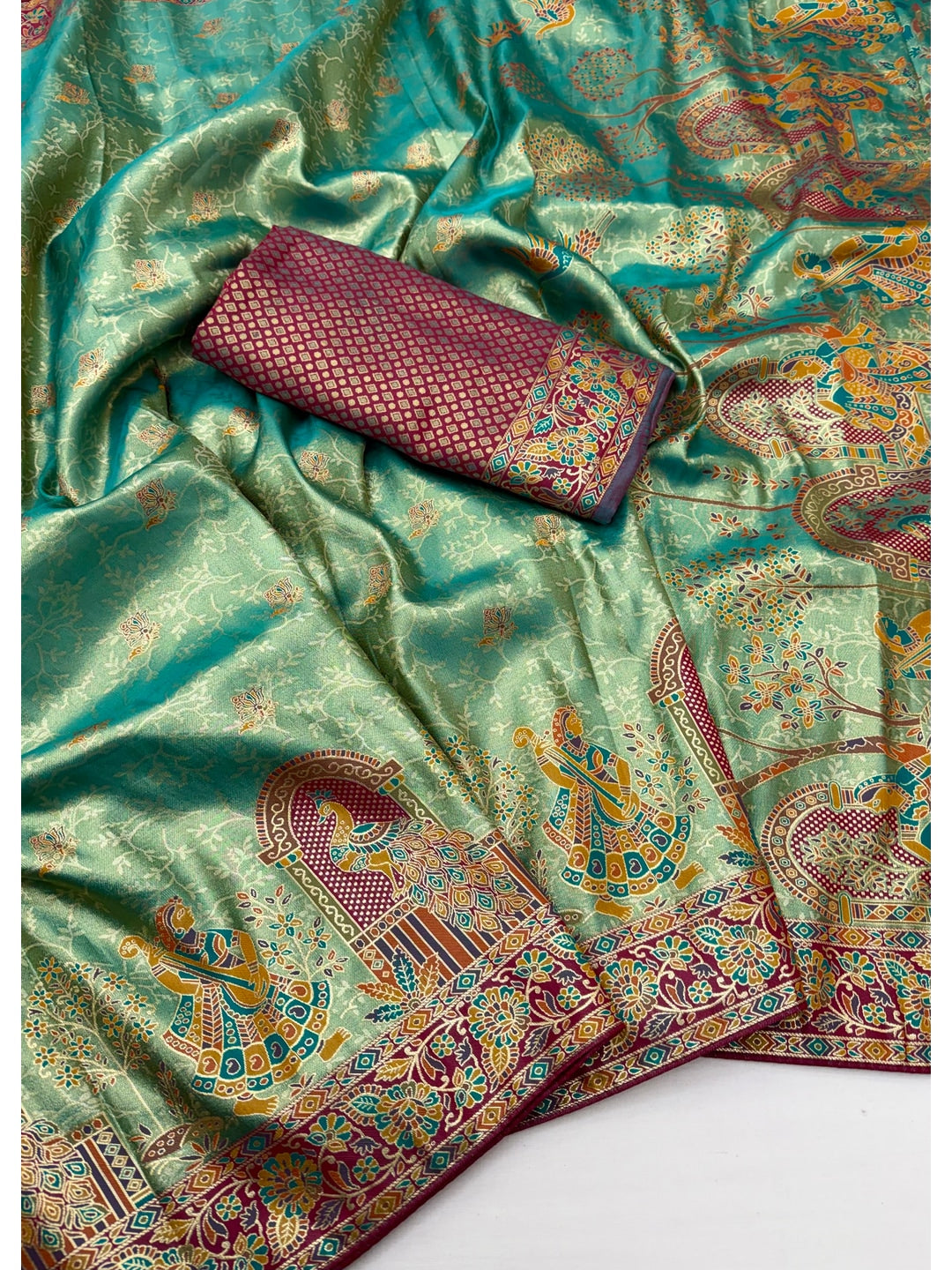Peachmode Teal Kanjivaram Silk Woven Saree - Image 2