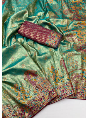Peachmode Teal Kanjivaram Silk Woven Saree - Image 2