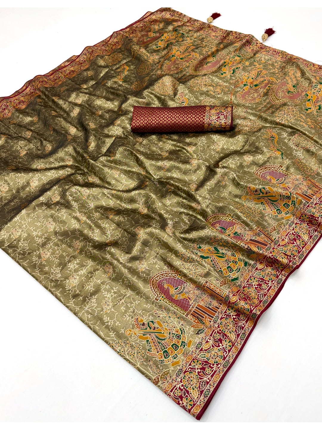 Peachmode Olive Kanjivaram Silk Woven Saree - Image 3